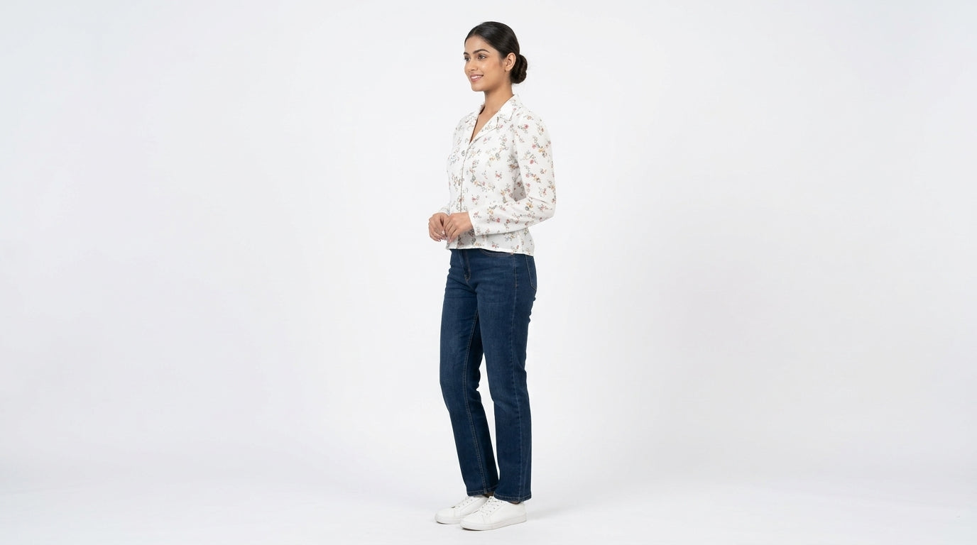 White Floral Print Long Sleeve Casual Shirt