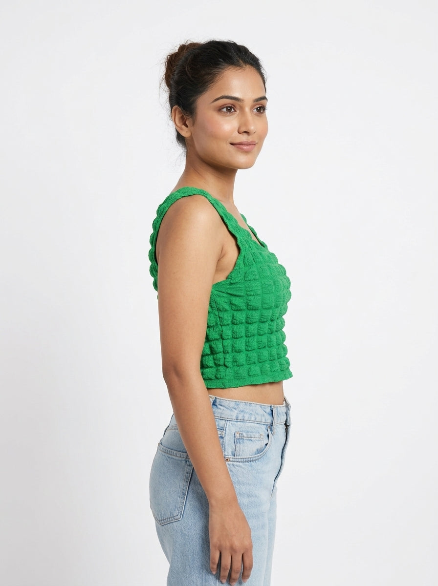 Green Textured Sleeveless Crop Top