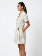 Women's Beige Gingham Double-Breasted Short Sleeve Dress