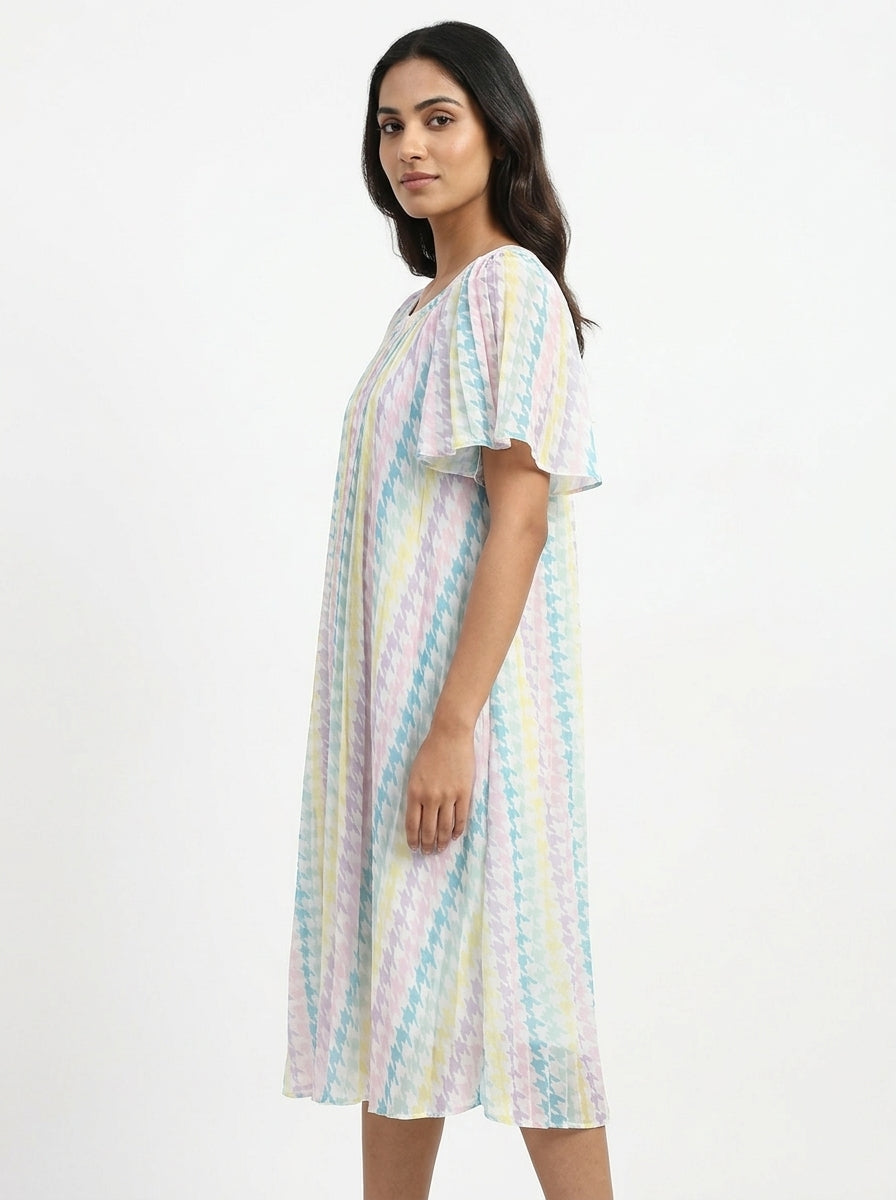 Pastel Houndstooth Pleated Relaxed Dress