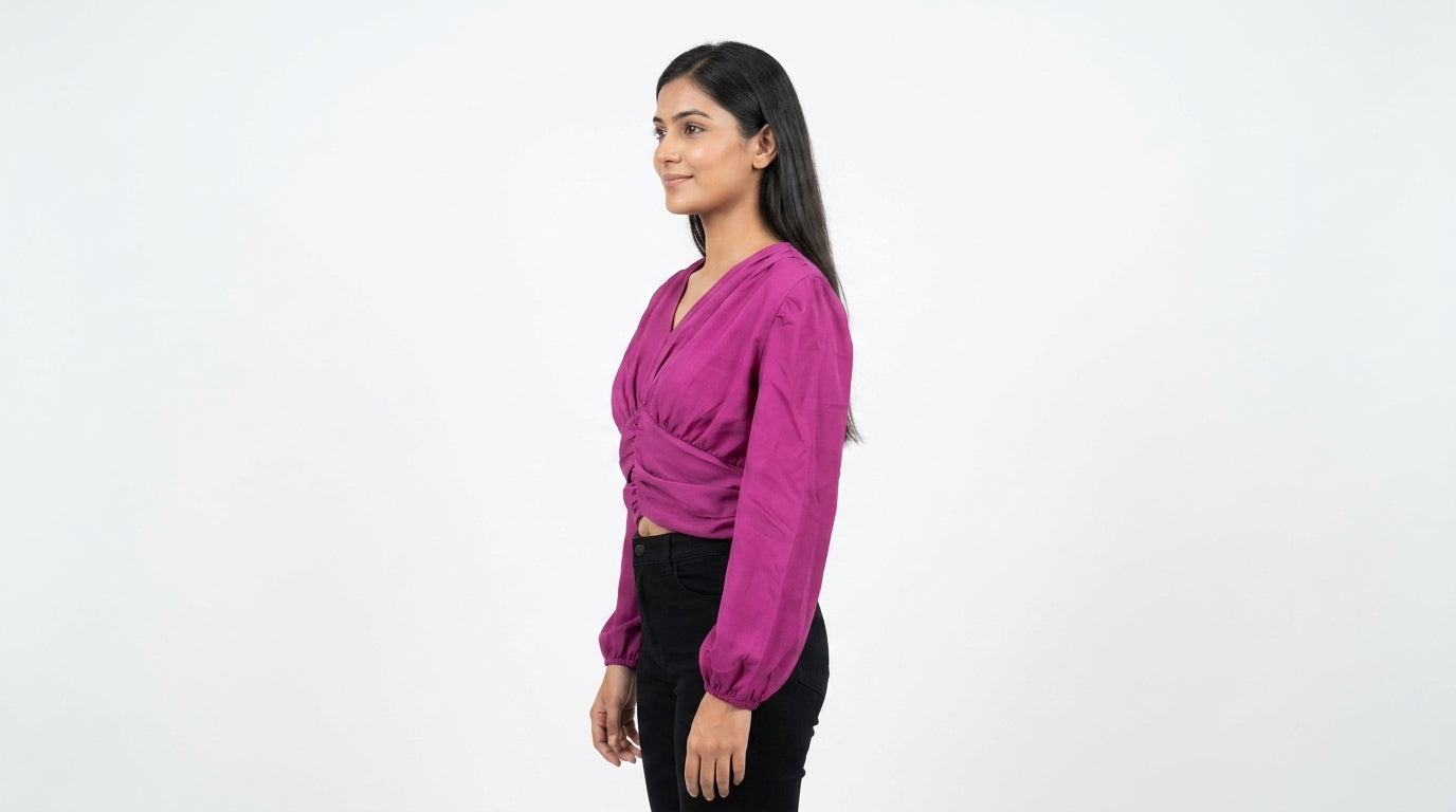 Magenta Ruched V-Neck Long Sleeve Top