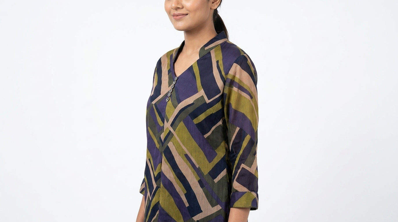 Abstract Geometric Print V-Neck Blouse