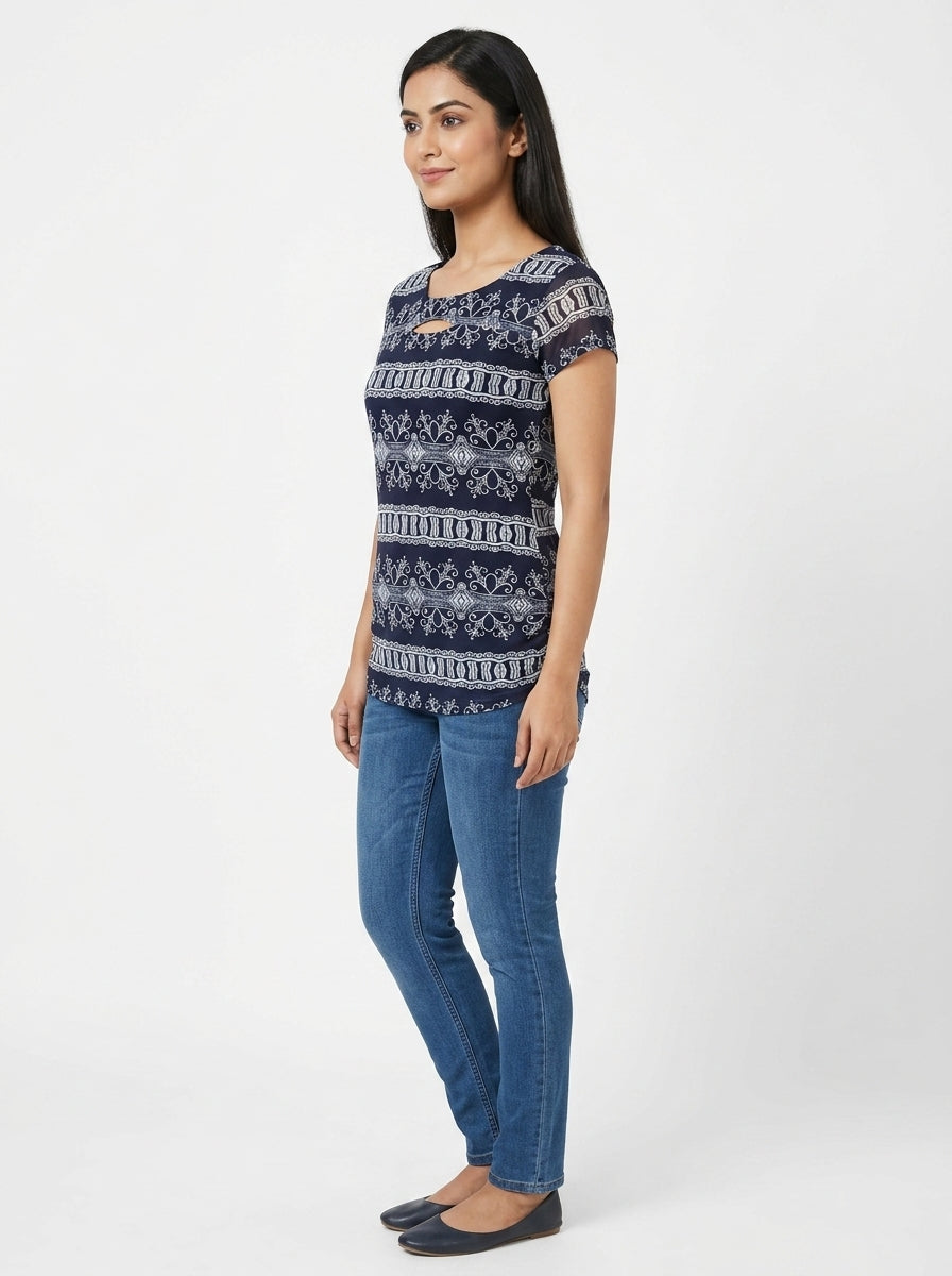 Basic Top Casual Navy Polyester