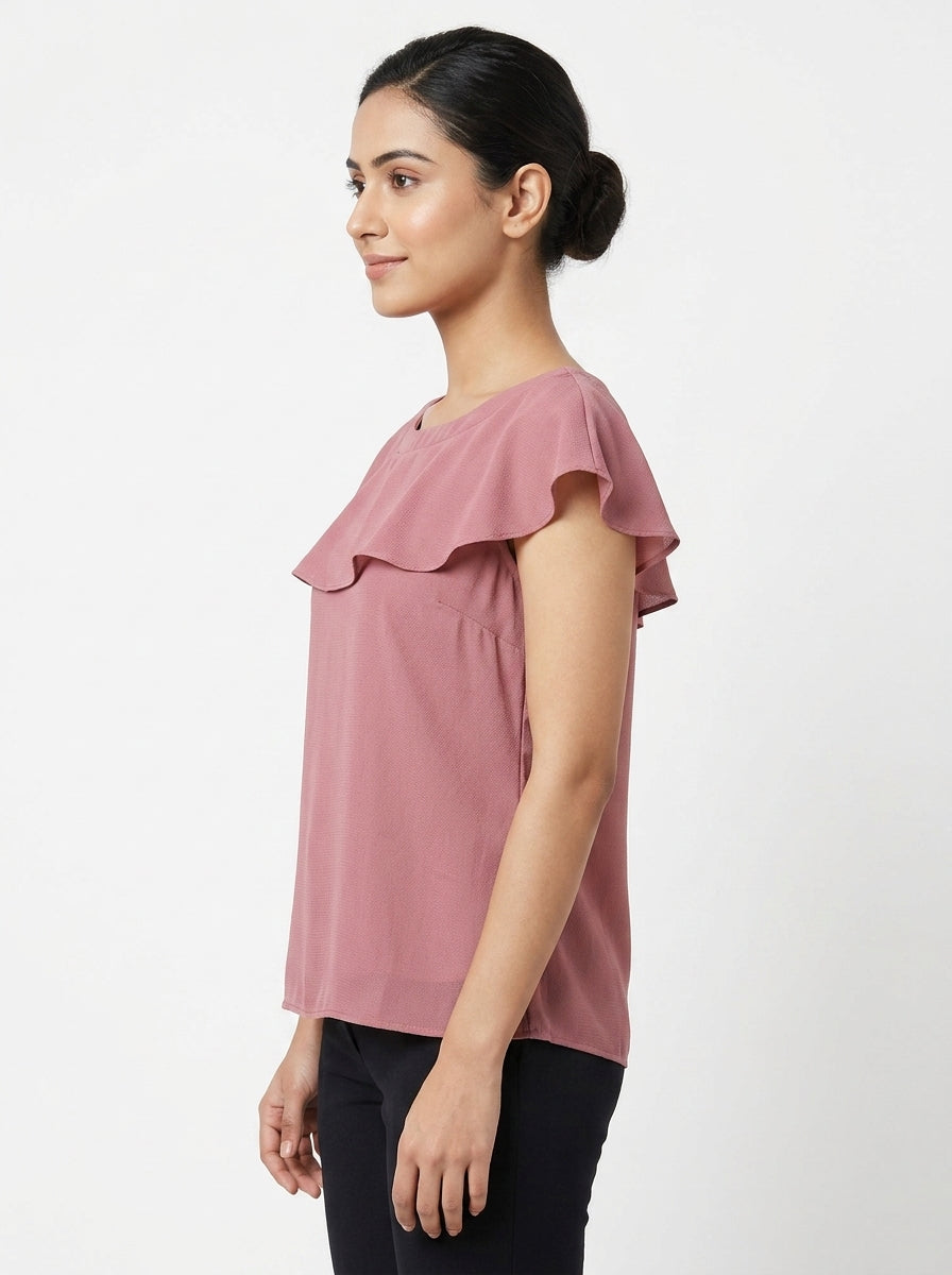 Women's Pink Ruffle Detail Casual Top