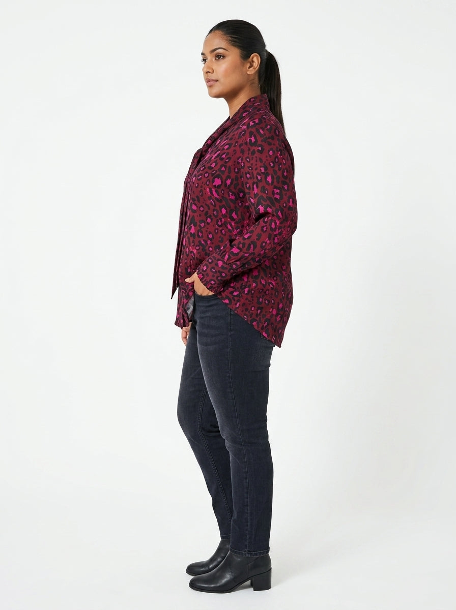 Women's Burgundy & Pink Leopard Print Tie-Neck Long Sleeve Top
