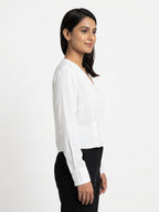 Women's White Button-Front V-Neck Casual Top