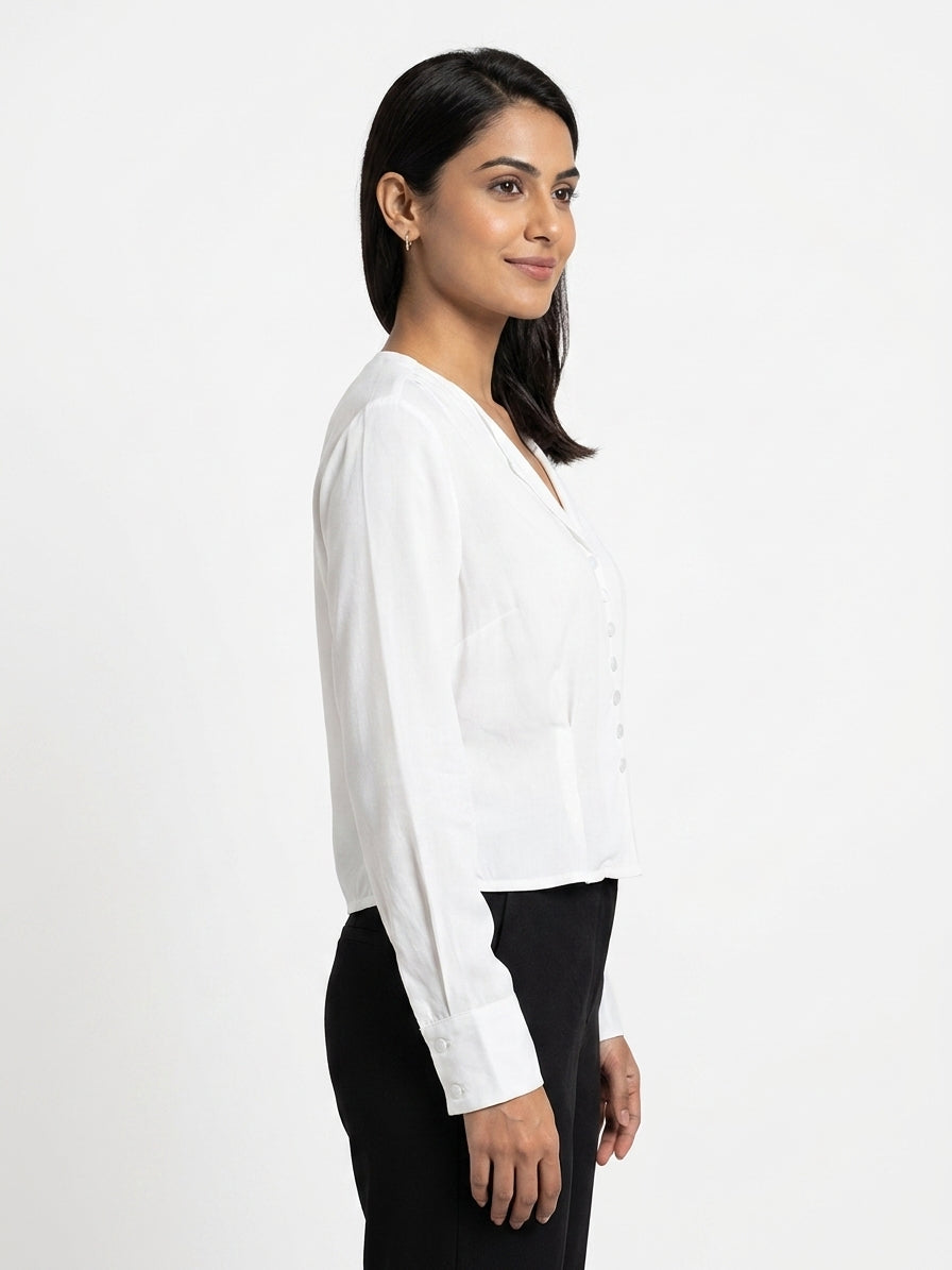 Women's White Button-Front V-Neck Casual Top