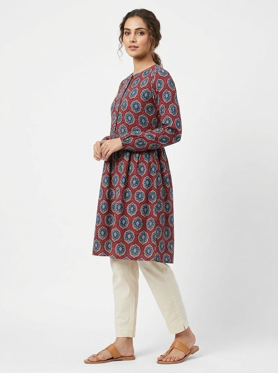 Burgundy and Blue Printed Casual Dress
