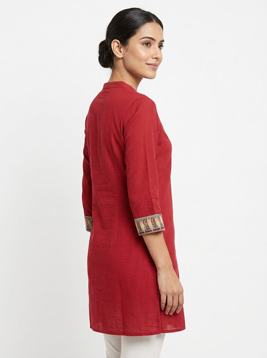 Fabindia Red Cotton Kurti with Mandarin Collar