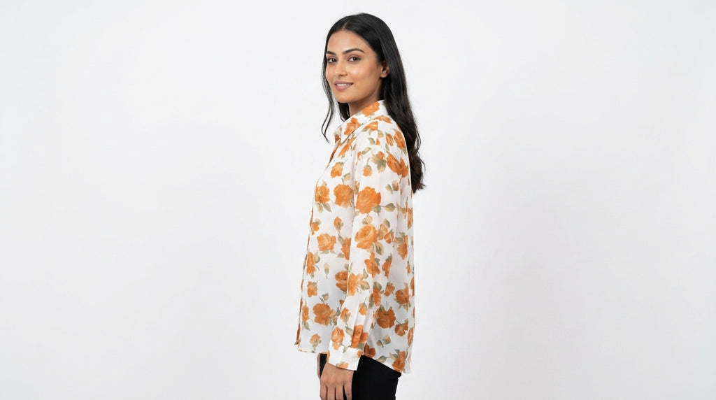 White & Orange Floral Print Casual Shirt