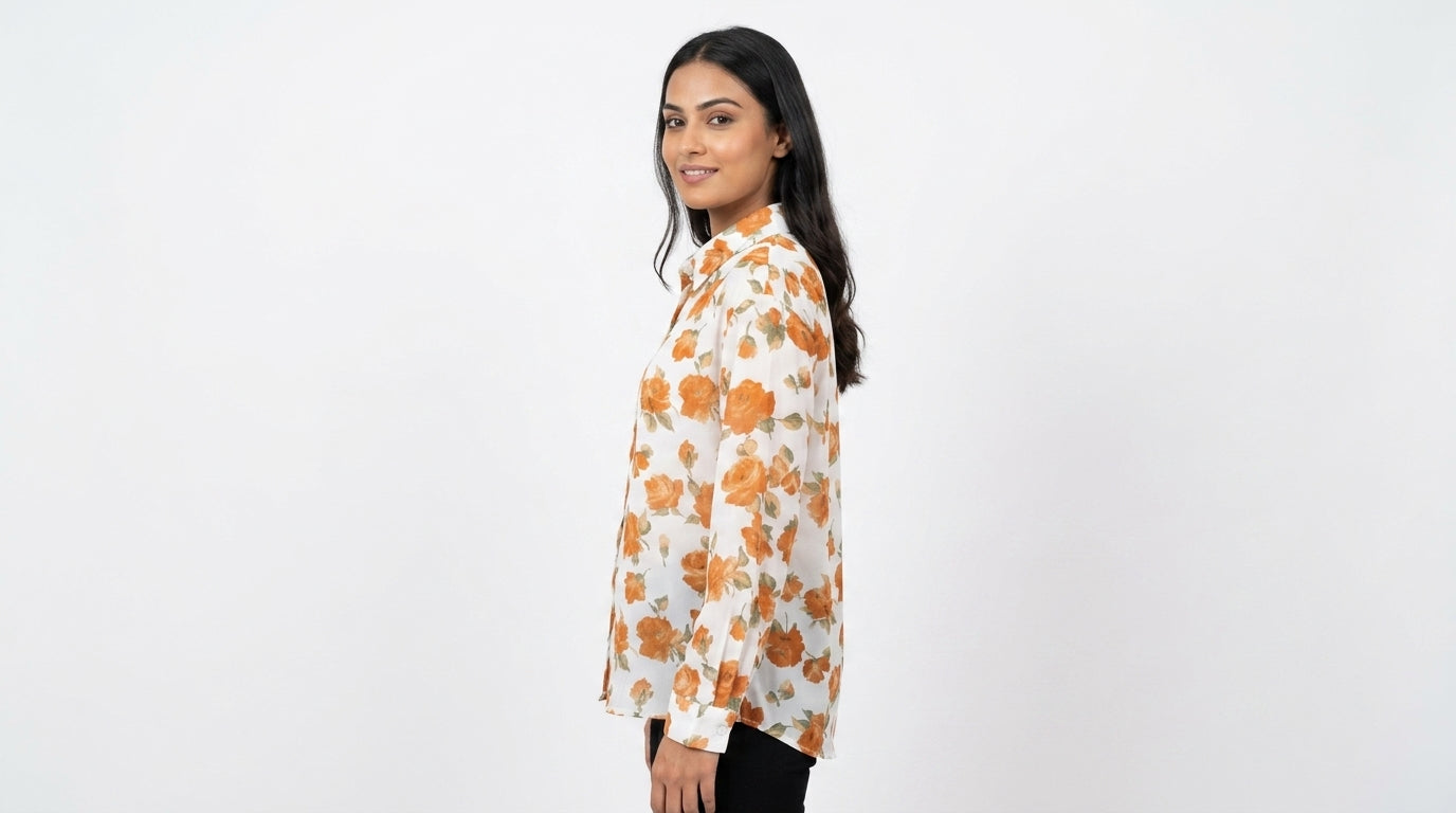 White & Orange Floral Print Casual Shirt