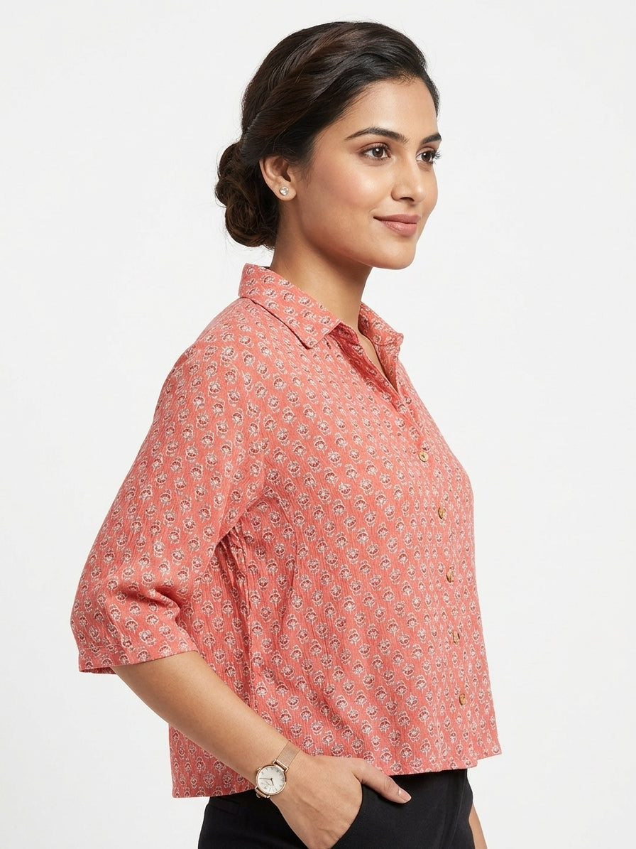 Women's Coral Floral Print Casual Shirt