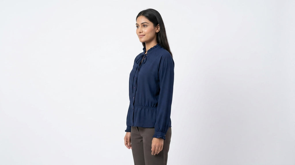 Women's Navy Ruffle Neck Long Sleeve Blouse