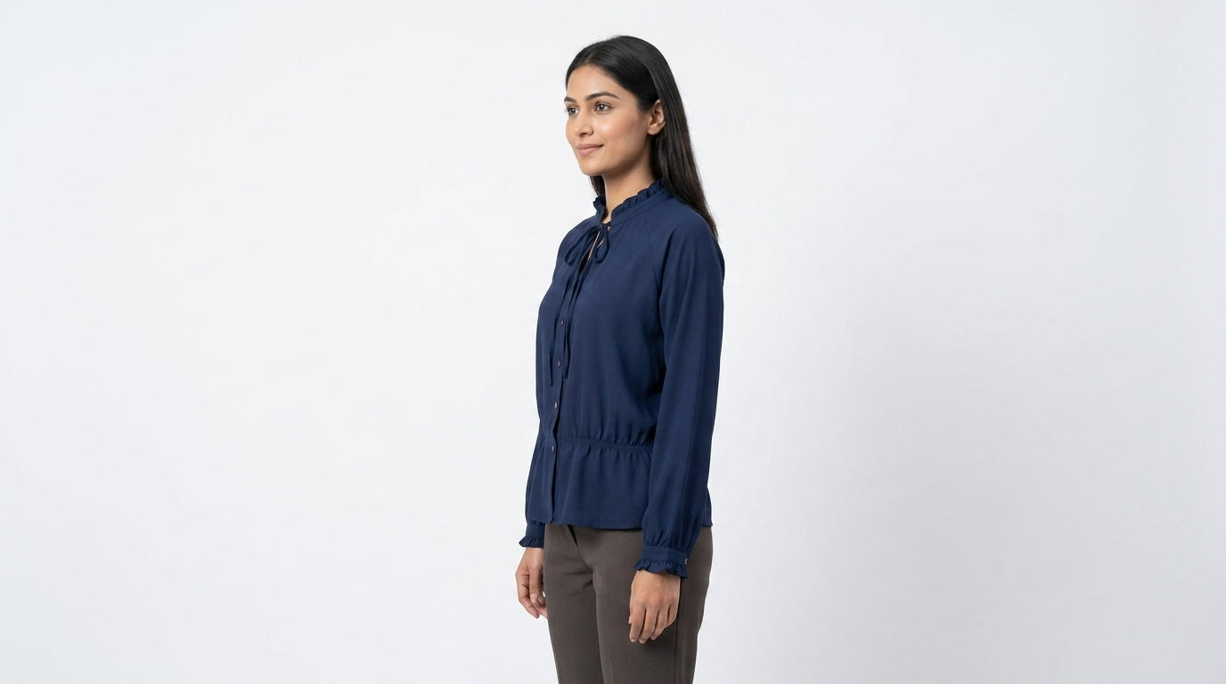 Women's Navy Ruffle Neck Long Sleeve Blouse