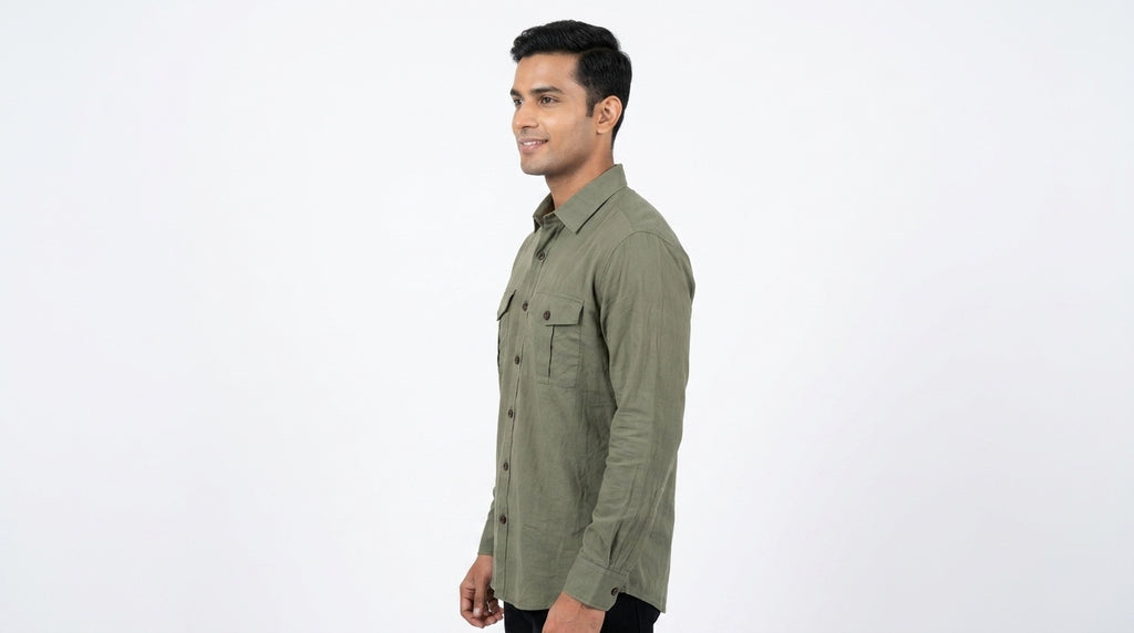 Olive Green Crinkled Casual Button-Up Shirt