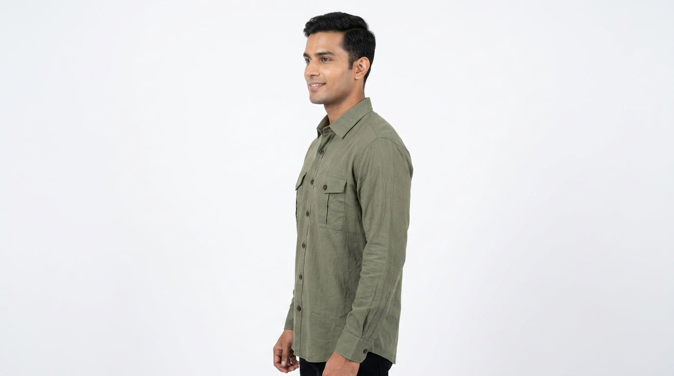 Olive Green Crinkled Casual Button-Up Shirt