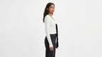White Ribbed V-Neck Cardigan with Black Tie Front