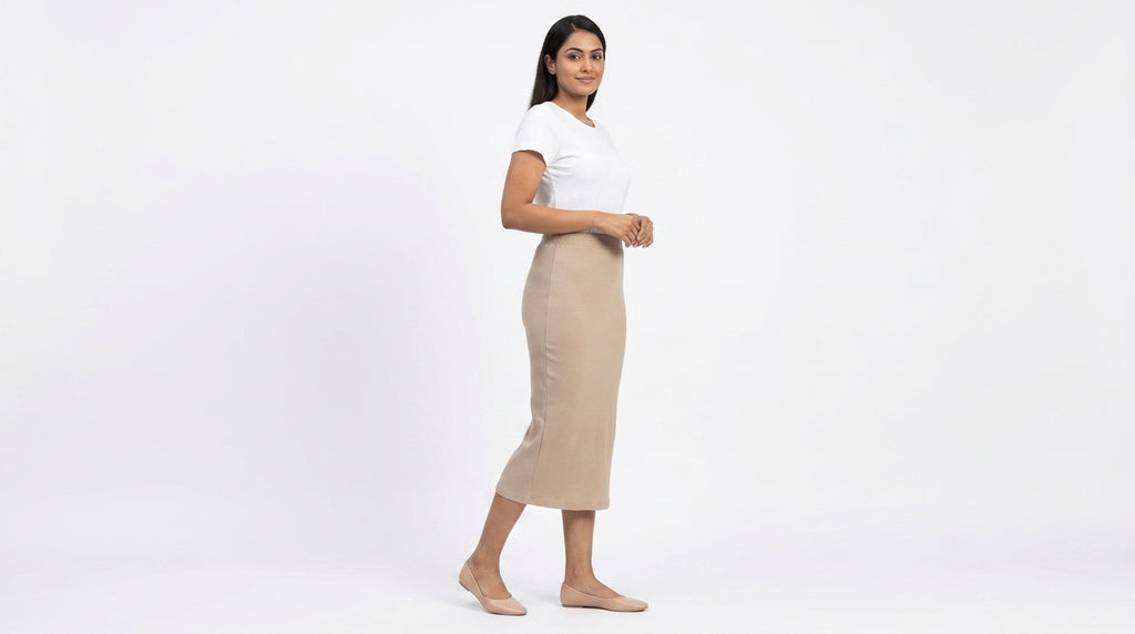 Beige Ribbed Knit Midi Skirt