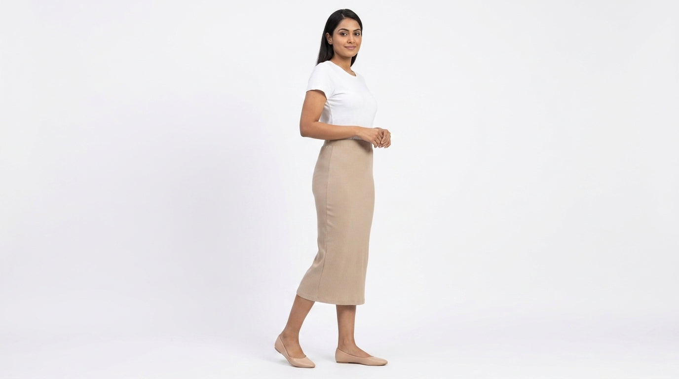 Beige Ribbed Knit Midi Skirt