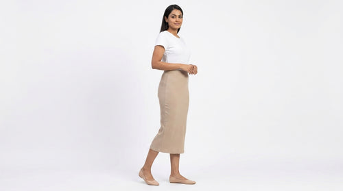 Beige Ribbed Knit Midi Skirt