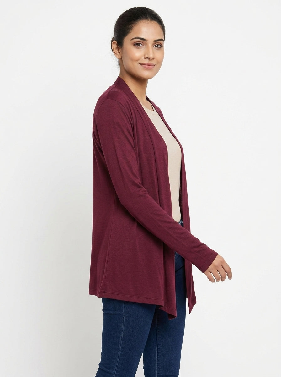 Burgundy Open Front Long Sleeve Shrug