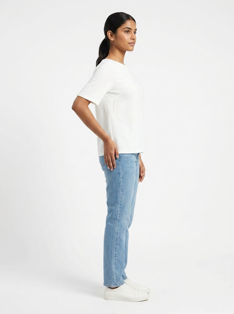 White Boat Neck Regular Fit Top