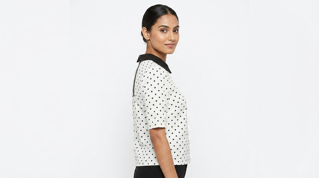 White Polka Dot Top with Black Collar