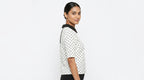 White Polka Dot Top with Black Collar