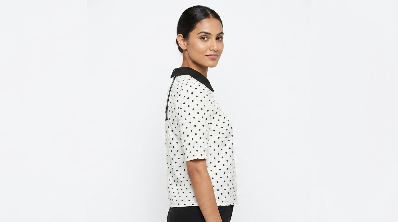 White Polka Dot Top with Black Collar