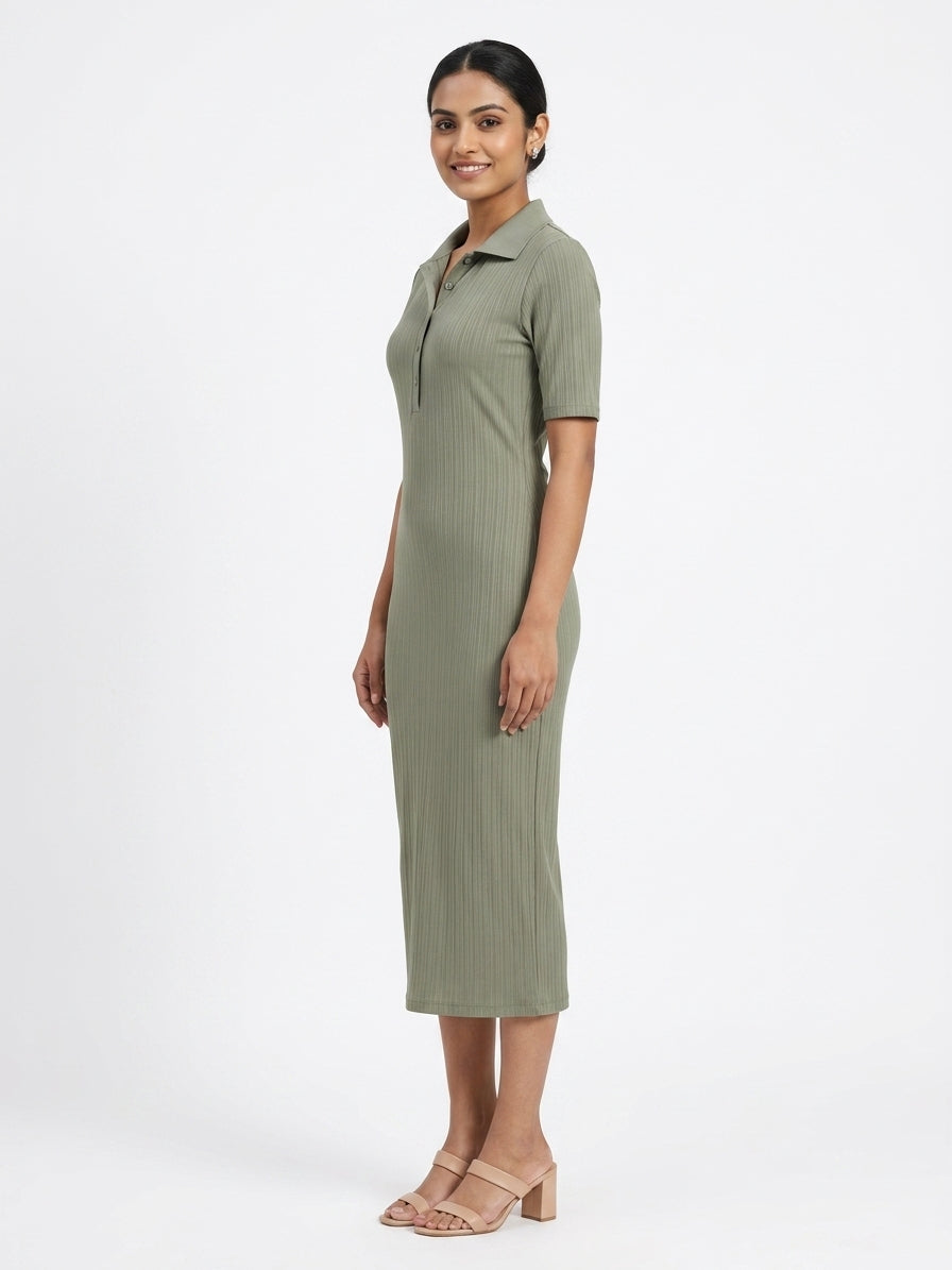 Olive Ribbed Knit Collared Midi Dress