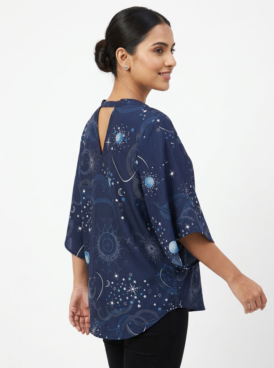 Navy Blue Celestial Print V-Neck Top