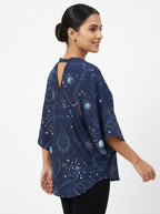Navy Blue Celestial Print V-Neck Top