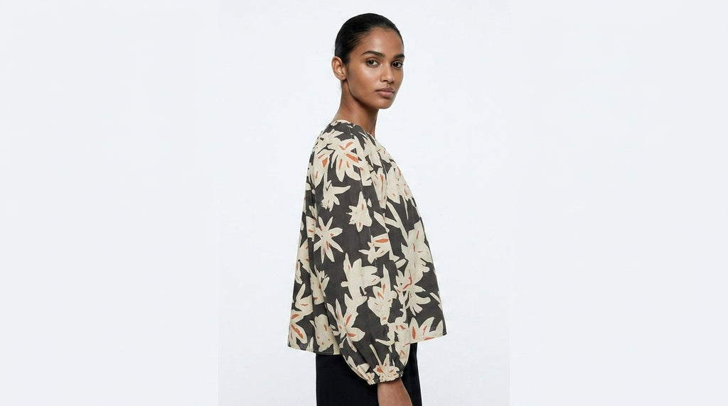 Women's Cream & Charcoal Floral Print Relaxed Top