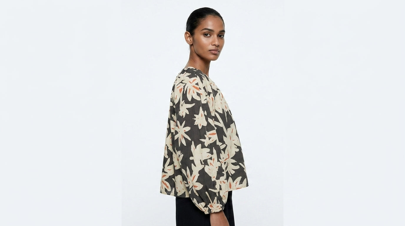 Women's Cream & Charcoal Floral Print Relaxed Top