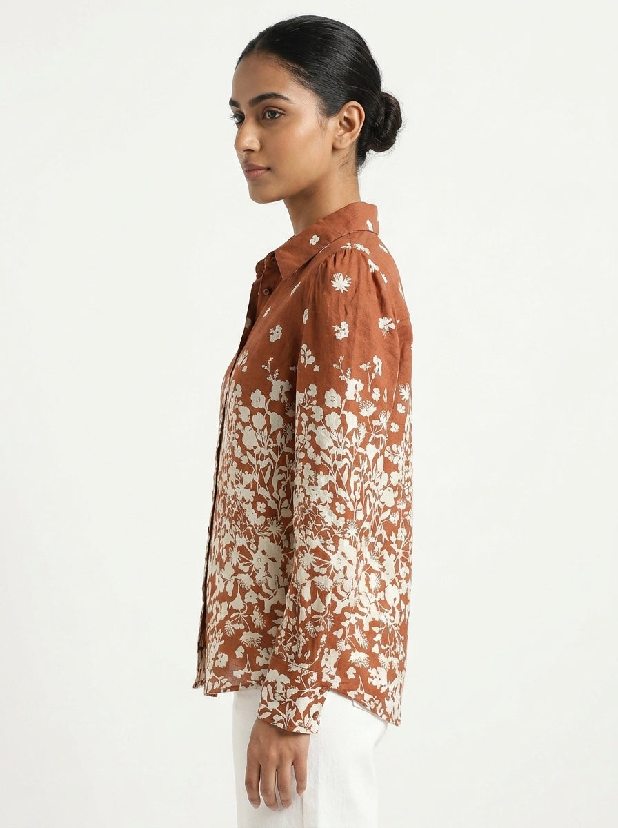Women's Brown Floral Print Long Sleeve Casual Shirt