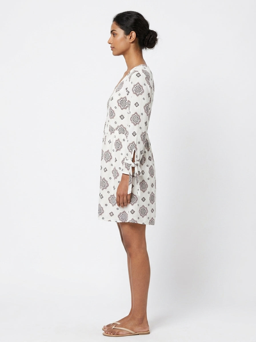 White Printed V-Neck Mini Dress