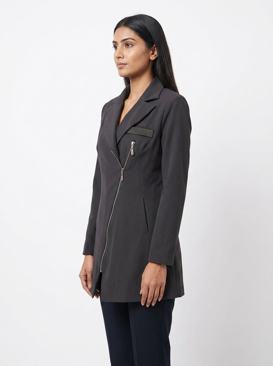 Women's Charcoal Asymmetric Zipper Blazer