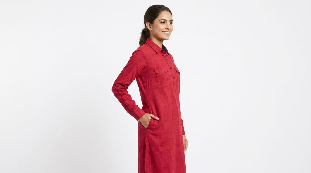 Fabindia Red Cotton Long Sleeve Kurti
