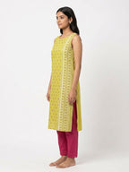 Women's Yellow Printed Sleeveless Kurti