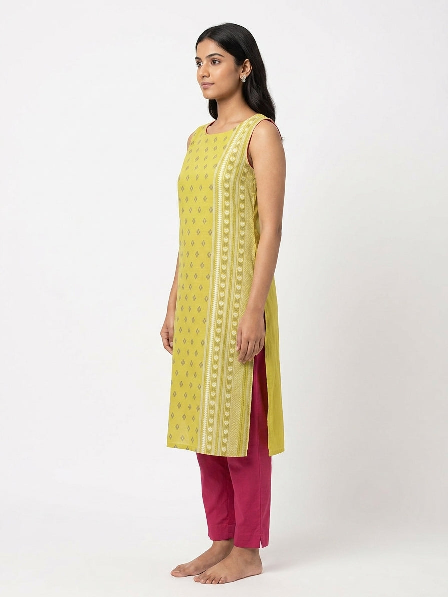 Women's Yellow Printed Sleeveless Kurti