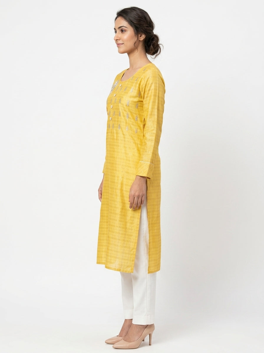Yellow Striped Embroidered Kurti
