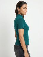Teal Ribbed Mock Neck Short Sleeve Slim Fit Top