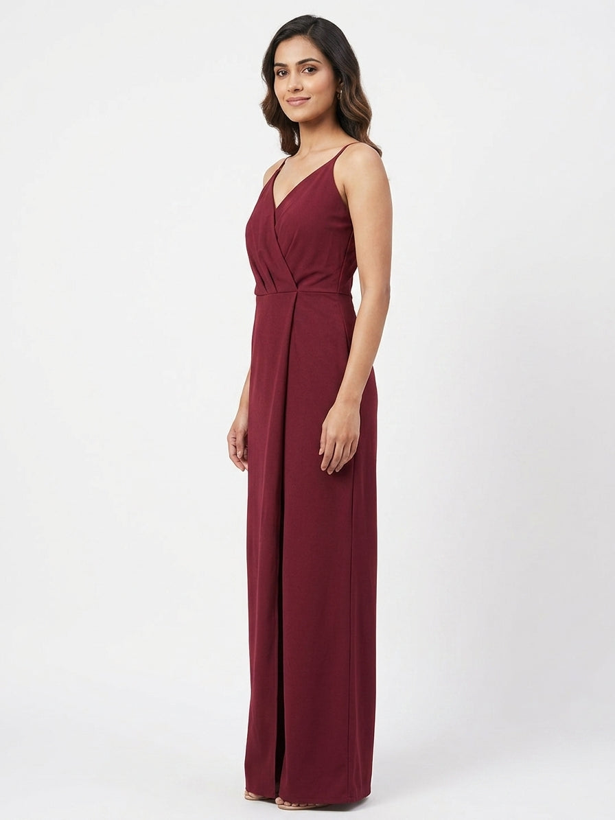 Berrylush Jumpsuit Solid Wine Polyester