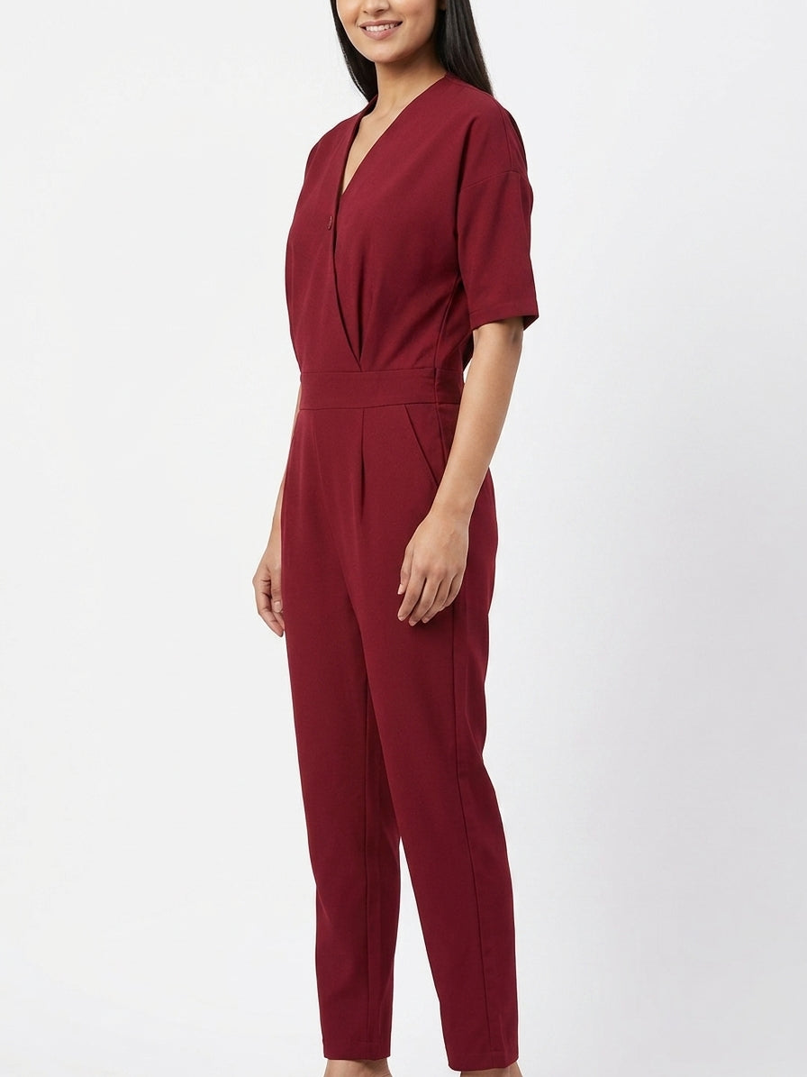 Jumpsuit Solid Maroon Polyester