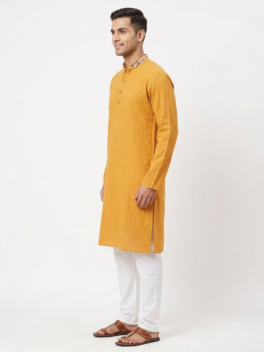 Ethos Kurta Self Design Mustard Cotton