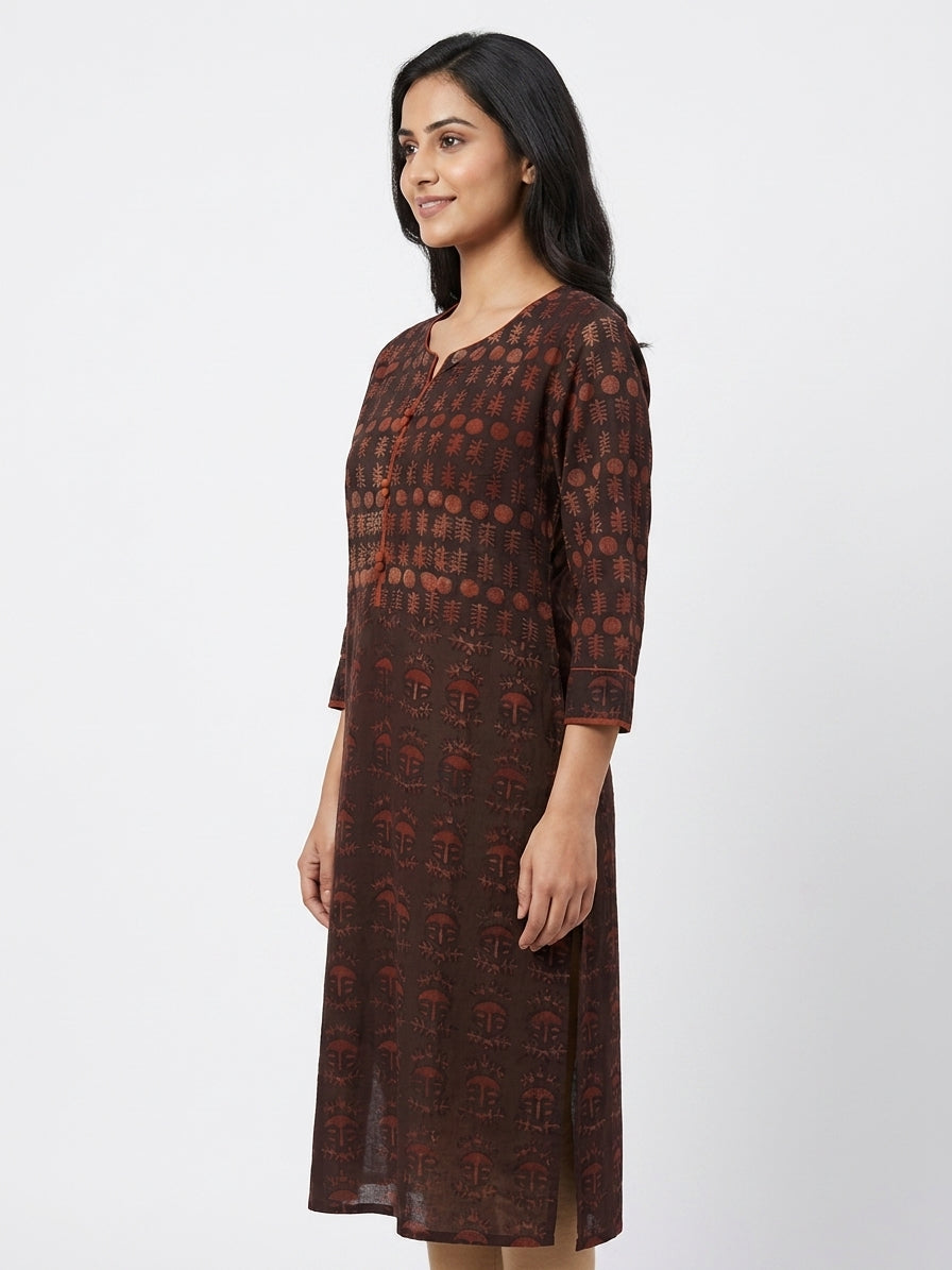 Women's Dark Brown Ethnic Print Cotton Kurti