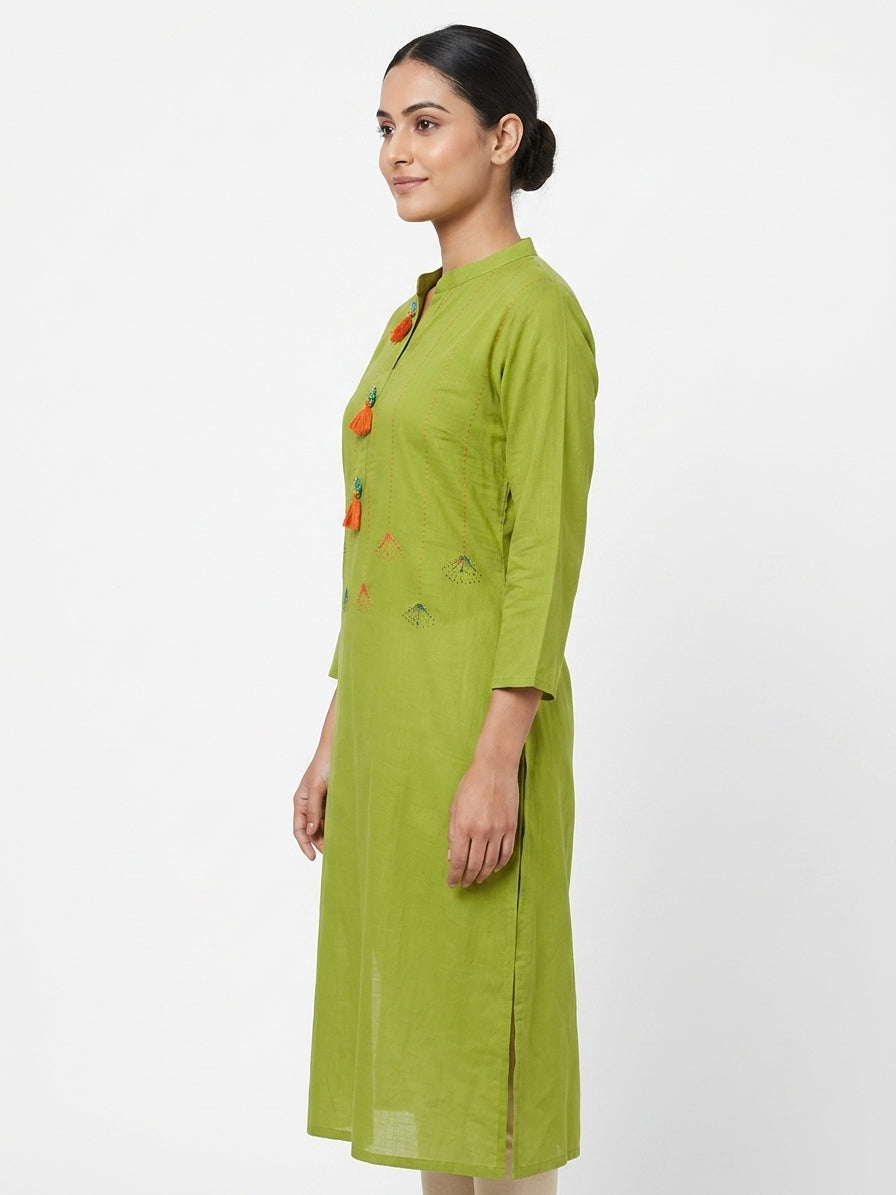 Green Self Design Relaxed Fit Kurti