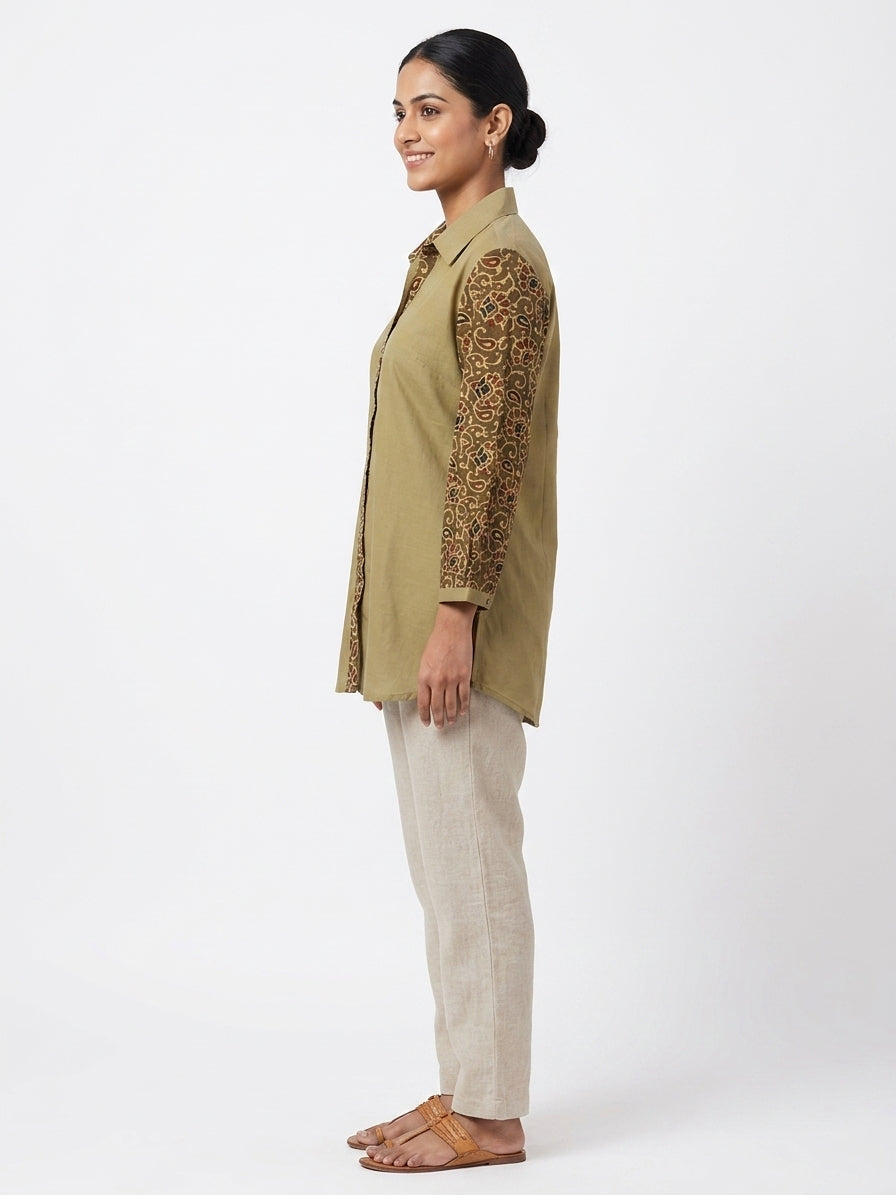 Olive Ethnic Print Cotton short Kurti