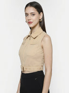SAMMYUKK Gold Metal Zip Belted Crop Top - Sunset Gold