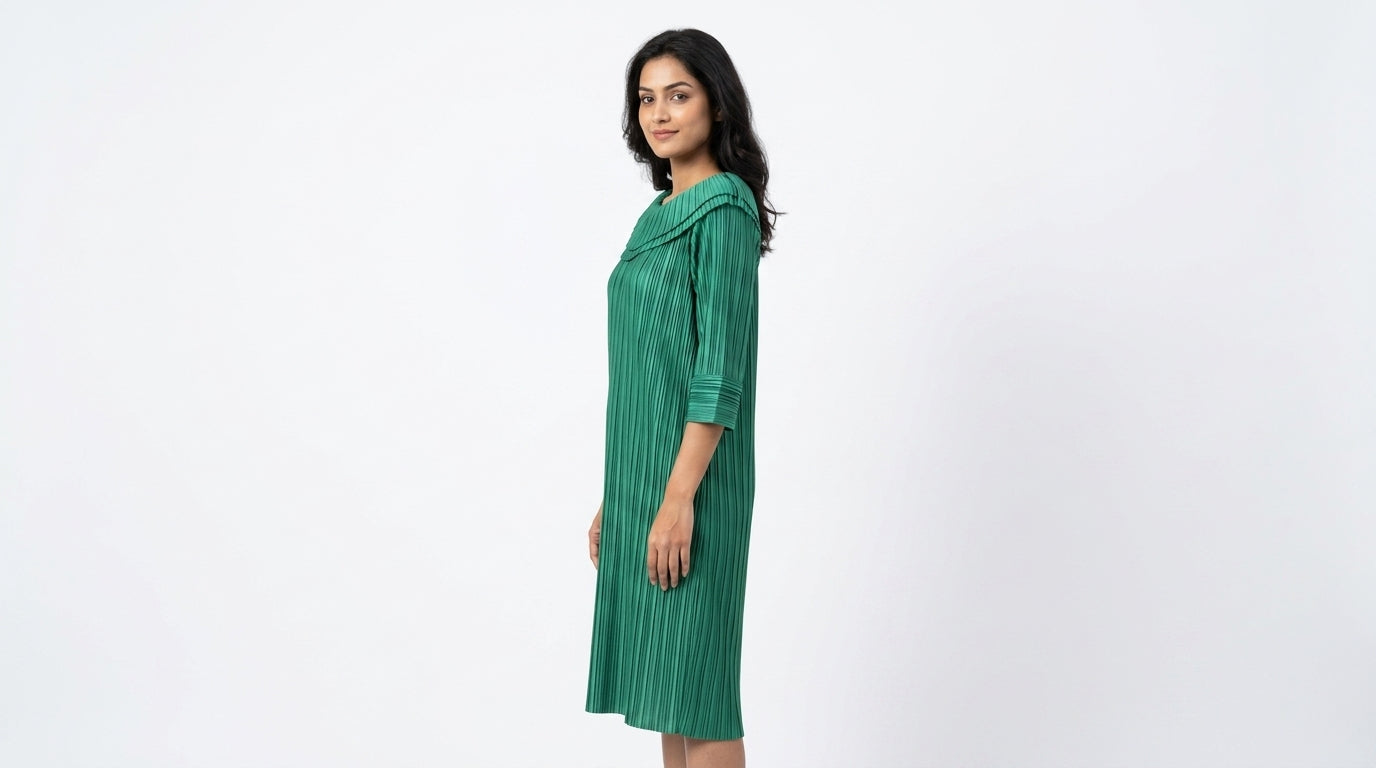 Green Pleated Relaxed Fit Dress